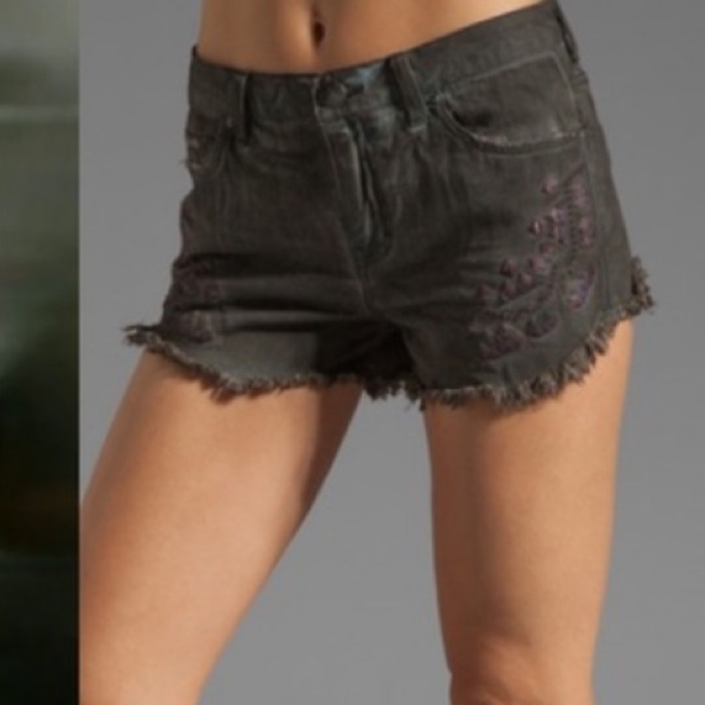 Free People Tulum Cutoff black denim shorts 27 embroidered